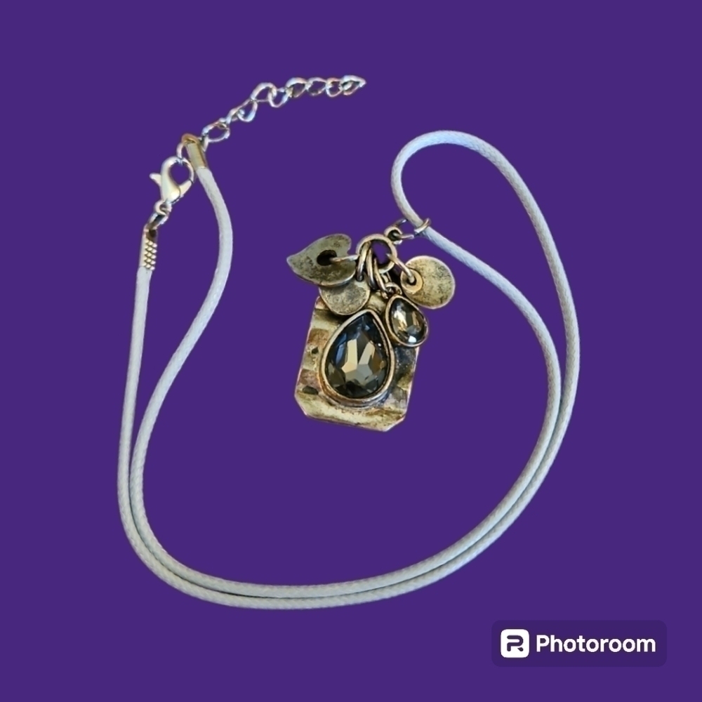 3/$30 Vtg Rustic Metal Purple Crystal Charm Pendant Rope Necklace